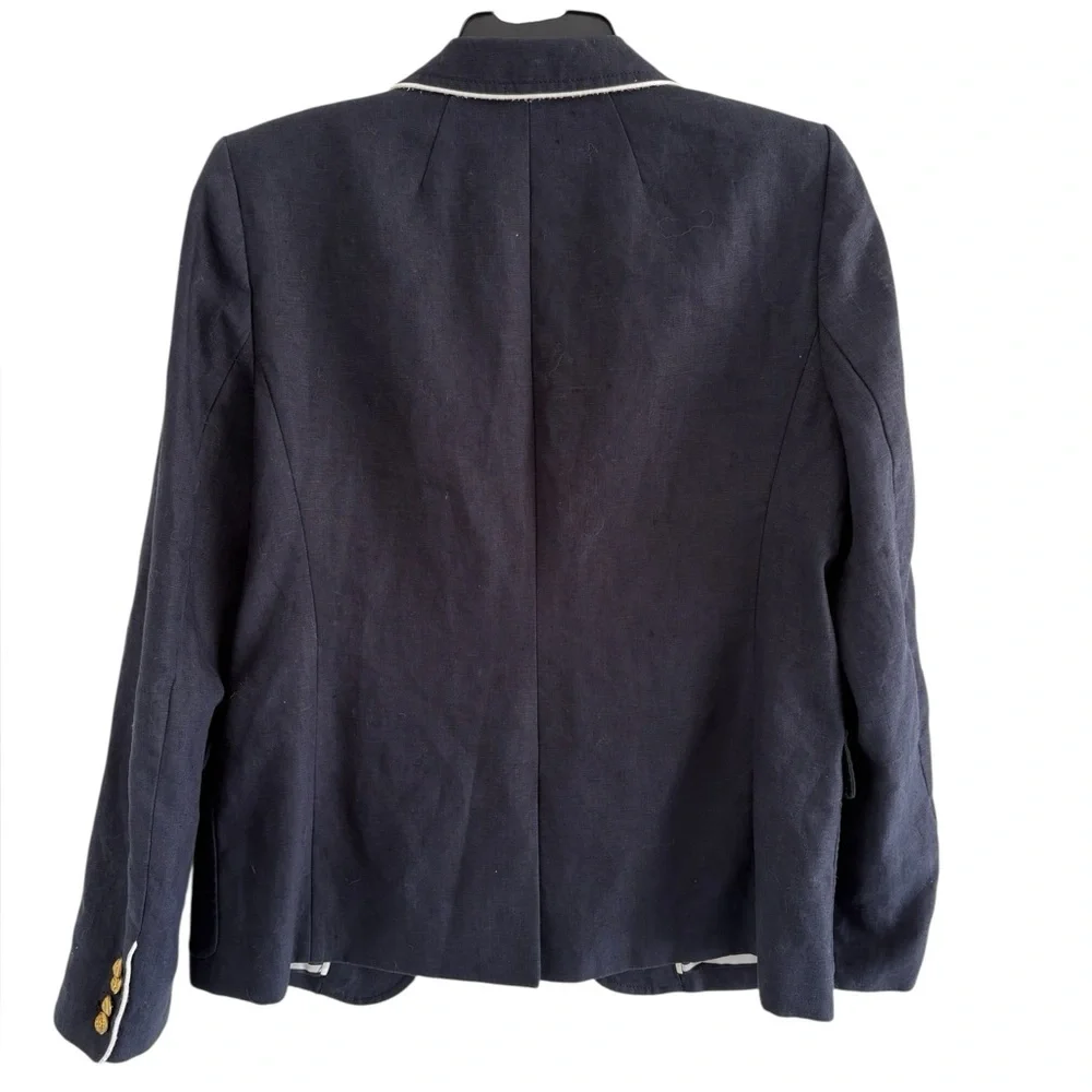 J. Crew Dark Blue linen Blazer with white piping and Gold button Accents - Picture 3 of 9